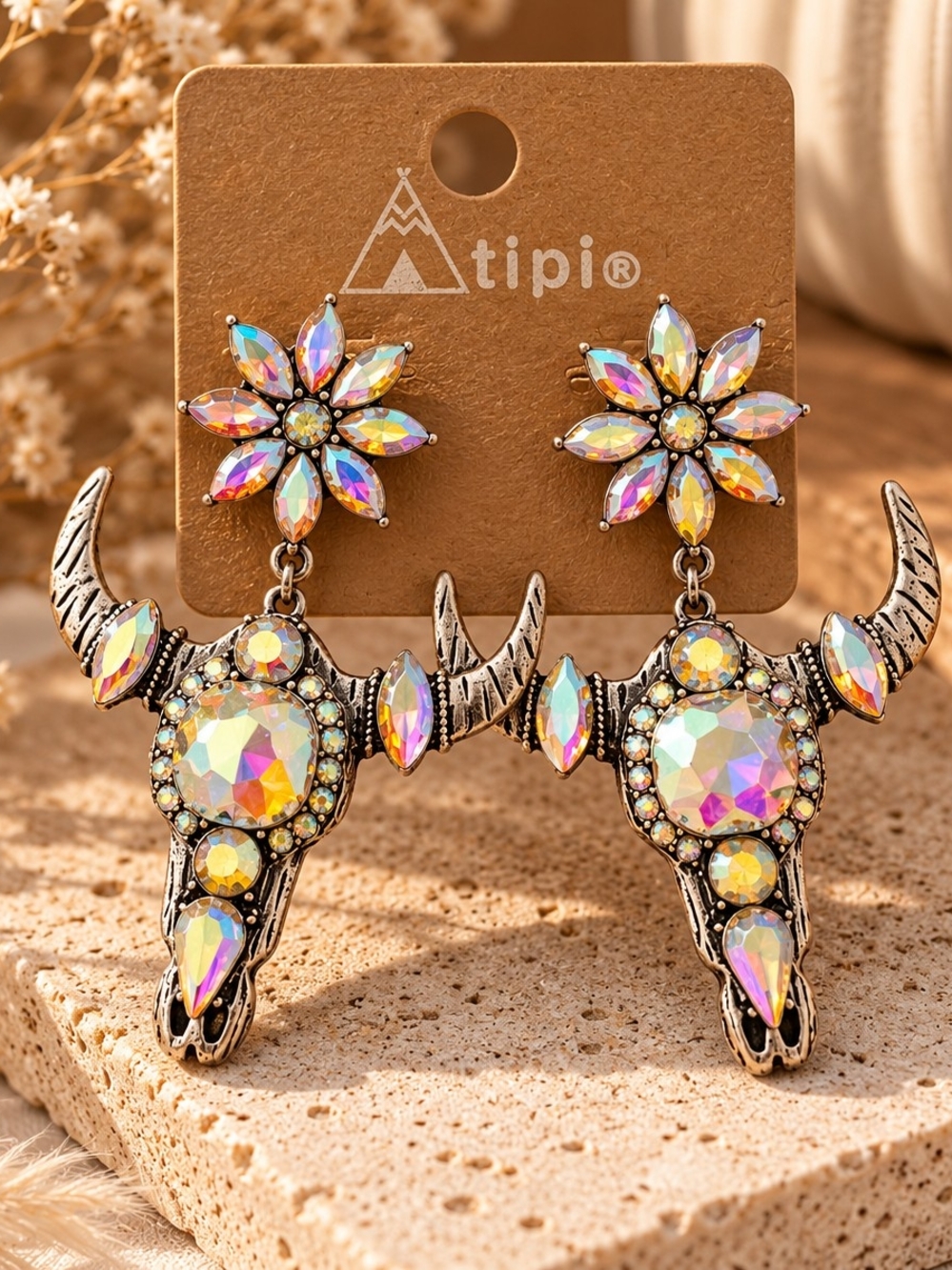 Western Longhorn Skull Iridescent Rhinestone Statement Earrings